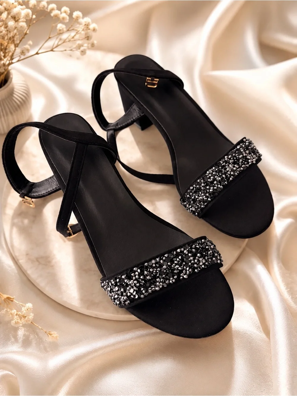Women's Black Beaded Strap Sandals with Low Heel